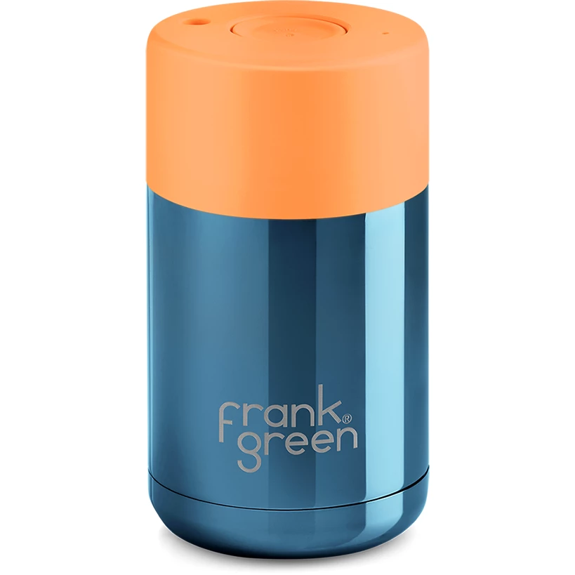 Frank Green Chrome 10oz Limited Edition Blue Ceramic Cup with Neon Orange Push Button Lid