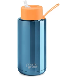 Frank Green Chrome 34oz Limited Edition Blue Ceramic Bottle with Neon Orange Straw Lid