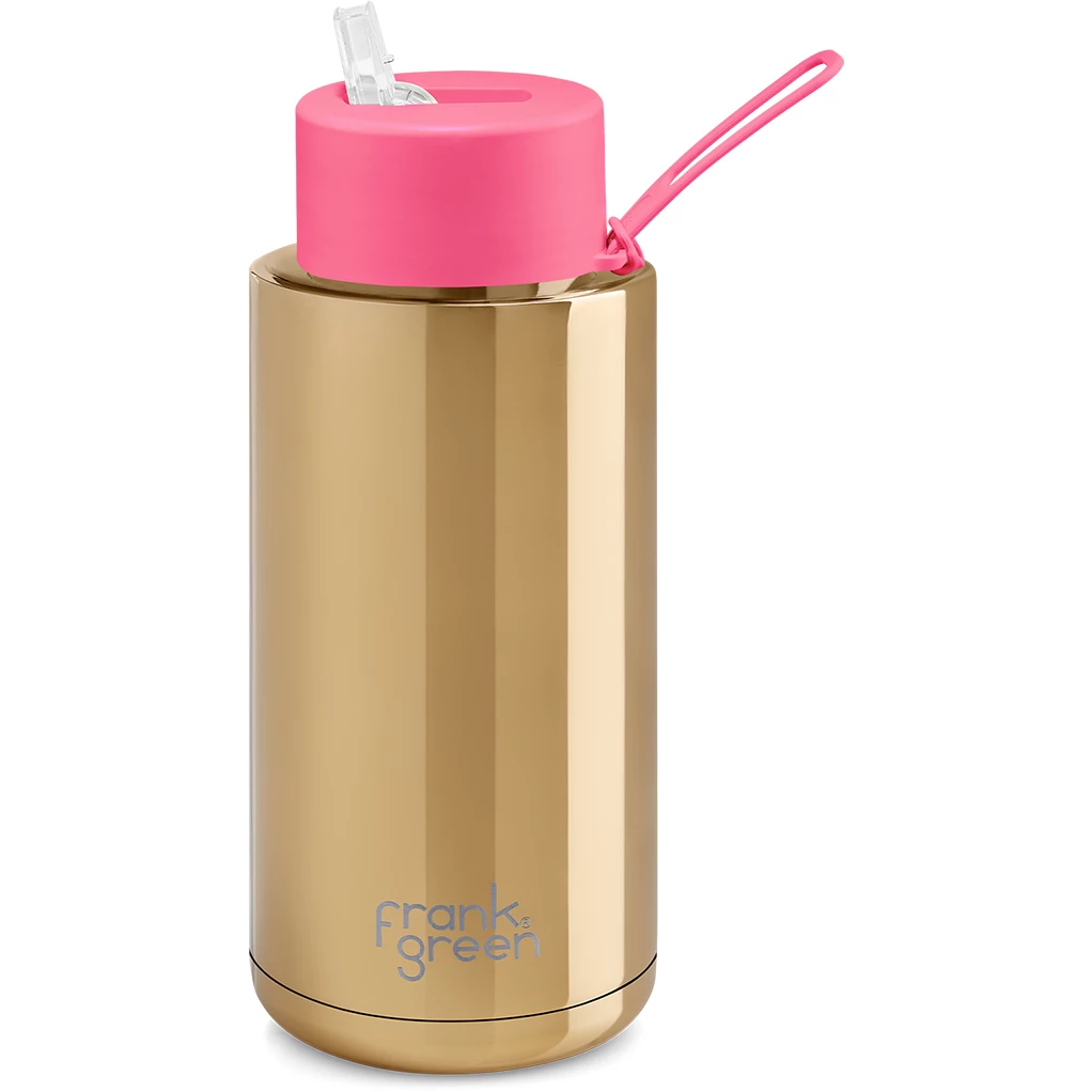 Frank Green Chrome 34oz Limited Edition Gold Ceramic Bottle with Neon Pink Straw Lid 3 Frank Green Chrome 34oz Limited Edition Gold Ceramic Bottle with Neon Pink Straw Lid