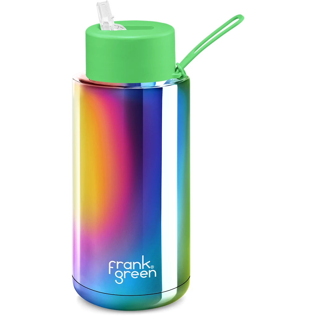Frank Green Chrome 34oz Limited Edition Rainbow Ceramic Bottle with Neon Green Straw Lid
